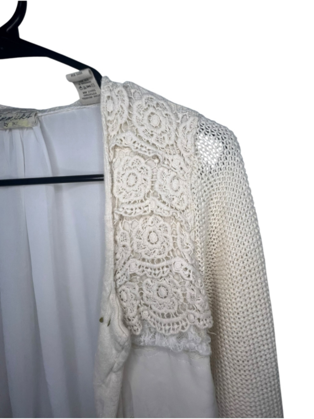 Gimmicks By BKE Cream Crochet Lace Chiffon Open Knit Boho Open Front Cardigan - Picture 2 of 5